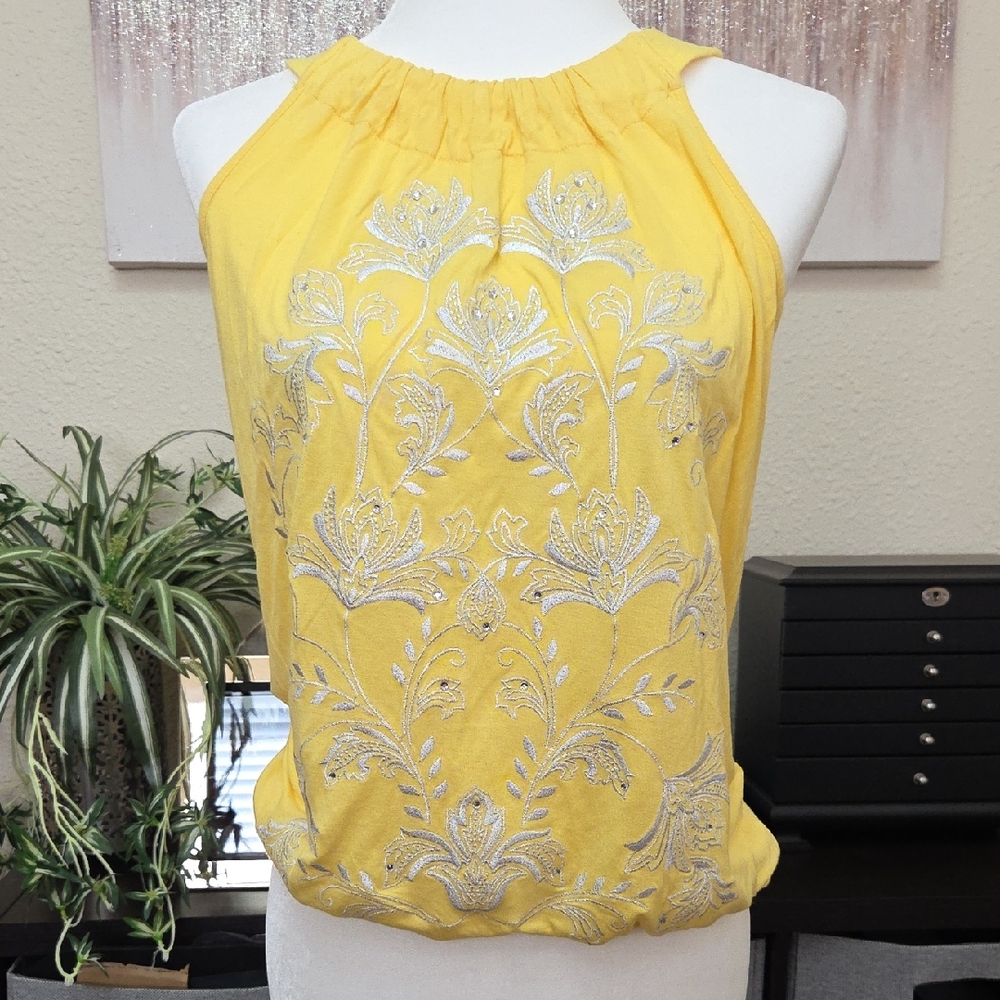 INC International Concepts Yellow Halter Tank with Silver Embroidery